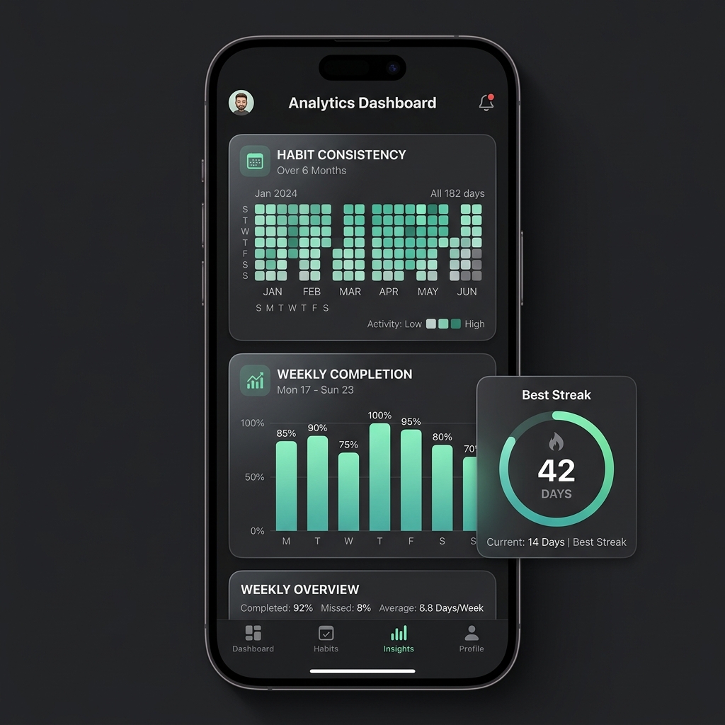 HabitLoop Insights - Heatmap calendar and progress charts showing habit completion data